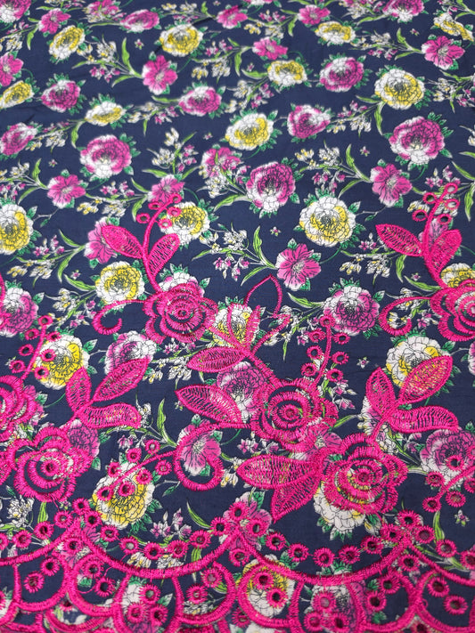 Designer Navy Blue Cotton Poplin Floral Print with Magenta Embroidere Designer border Schiffli