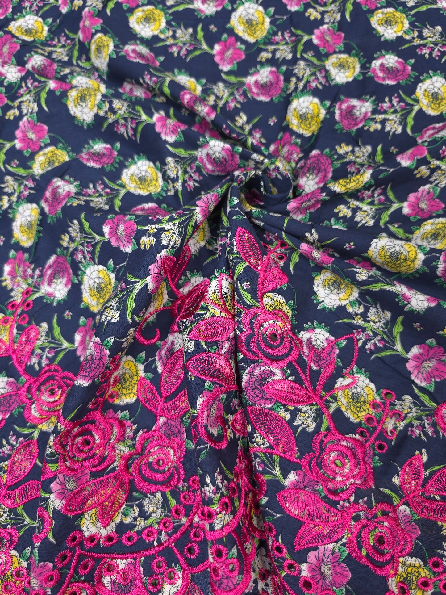 Designer Navy Blue Cotton Poplin Floral Print with Magenta Embroidere Designer border Schiffli