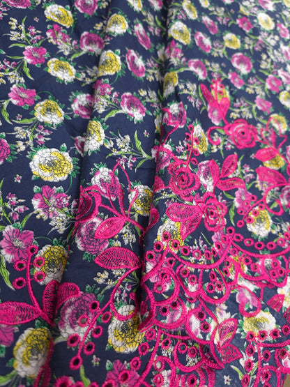 Designer Navy Blue Cotton Poplin Floral Print with Magenta Embroidere Designer border Schiffli