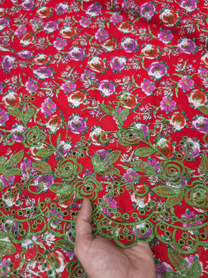 Designer Red Cotton Poplin Floral Print with Olive Green Embroidered Designer Border Schiffli
