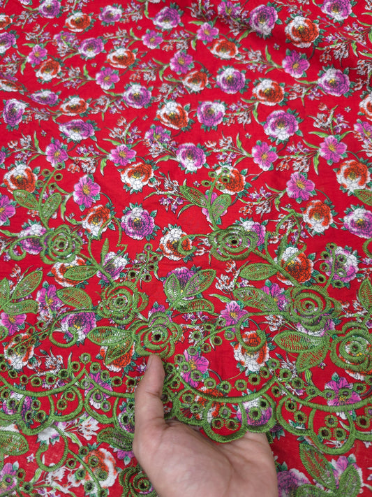 Designer Red Cotton Poplin Floral Print with Olive Green Embroidered Designer Border Schiffli