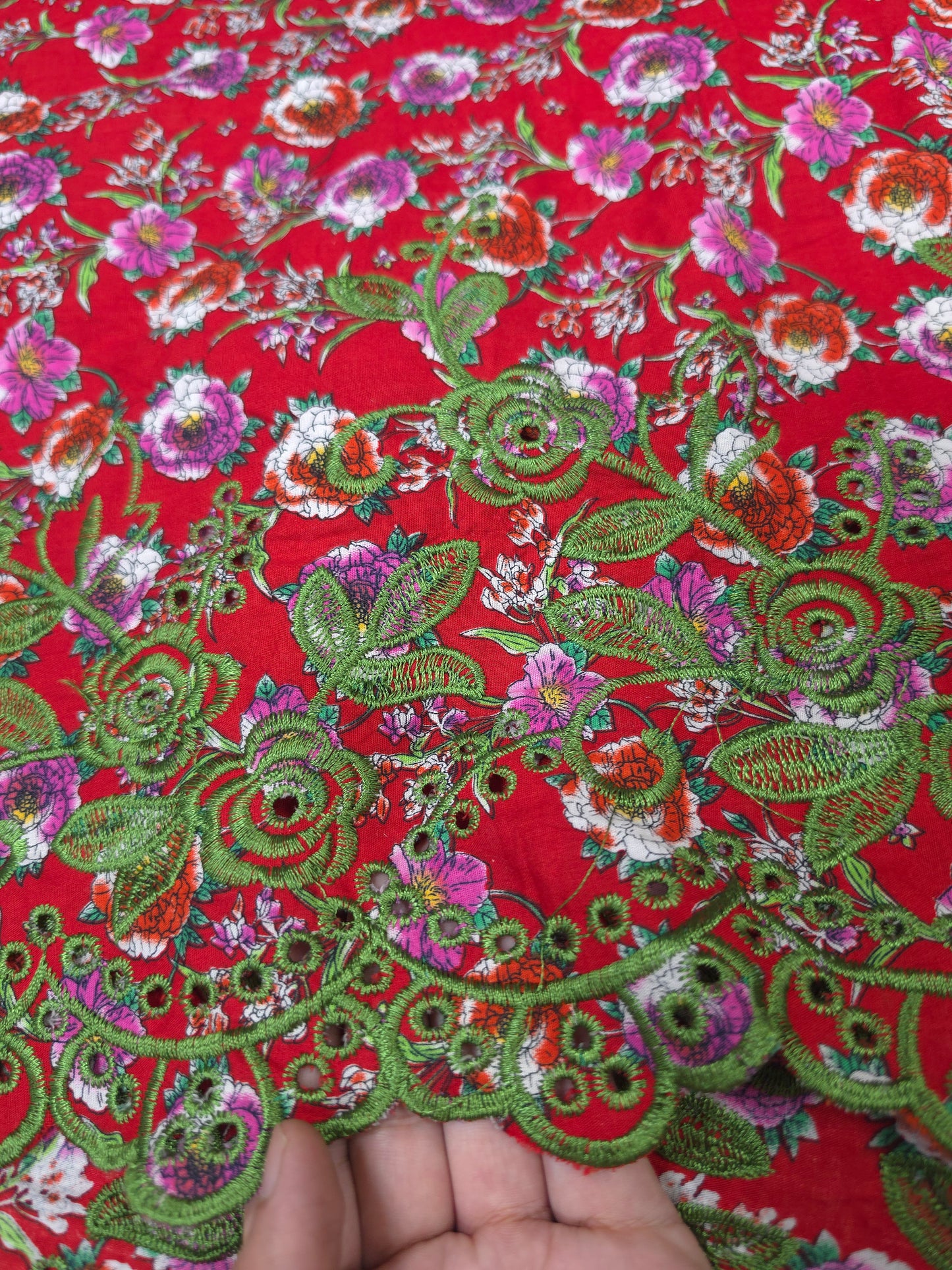 Designer Red Cotton Poplin Floral Print with Olive Green Embroidered Designer Border Schiffli