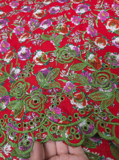 Designer Red Cotton Poplin Floral Print with Olive Green Embroidered Designer Border Schiffli