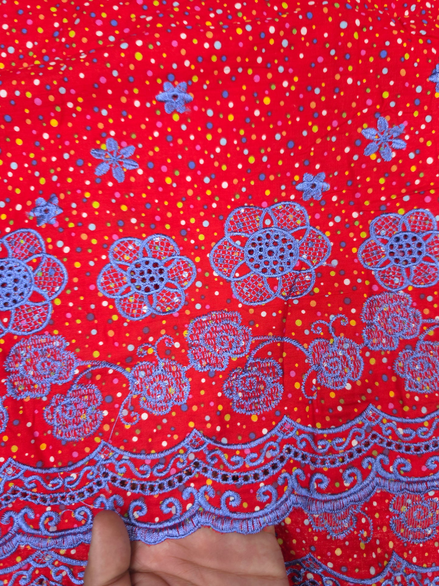 Designer Red Cotton Poplin Polka Dot Fabric with Lavender Blue Embroidered Designer border Schiffli