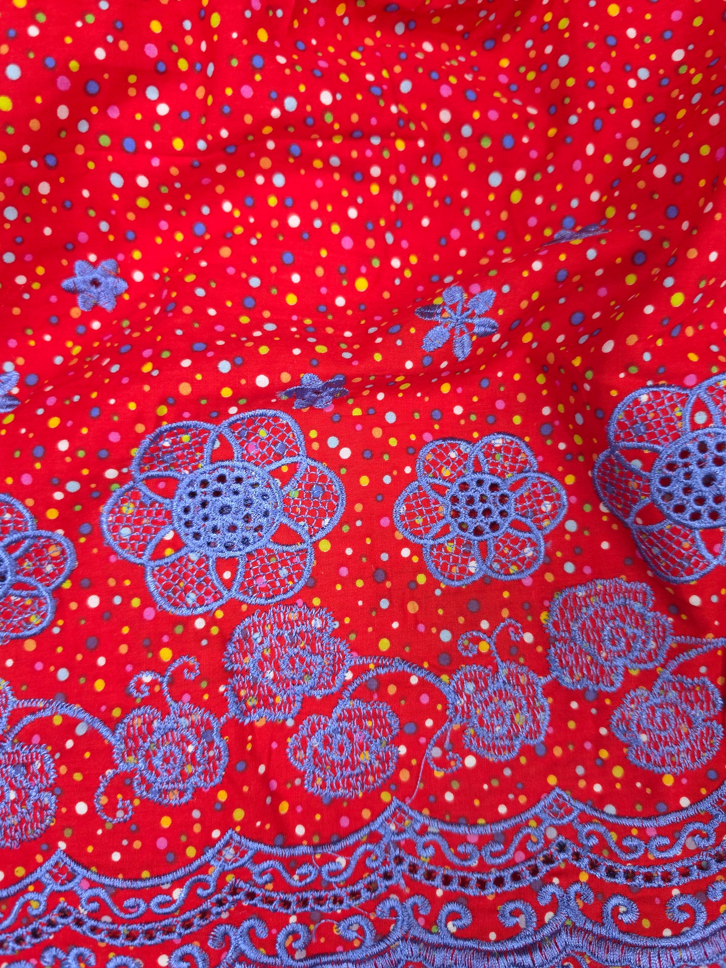 Designer Red Cotton Poplin Polka Dot Fabric with Lavender Blue Embroidered Designer border Schiffli