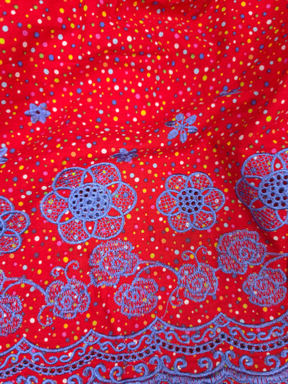 Designer Red Cotton Poplin Polka Dot Fabric with Lavender Blue Embroidered Designer border Schiffli