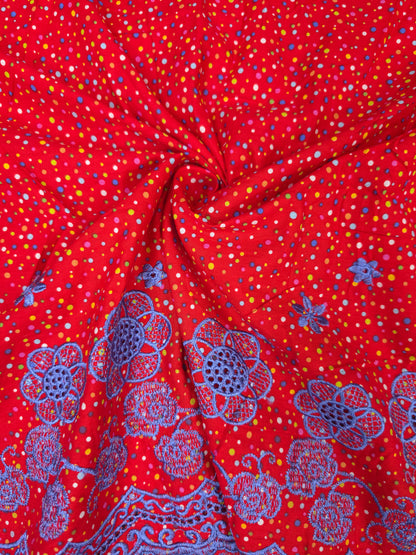 Designer Red Cotton Poplin Polka Dot Fabric with Lavender Blue Embroidered Designer border Schiffli
