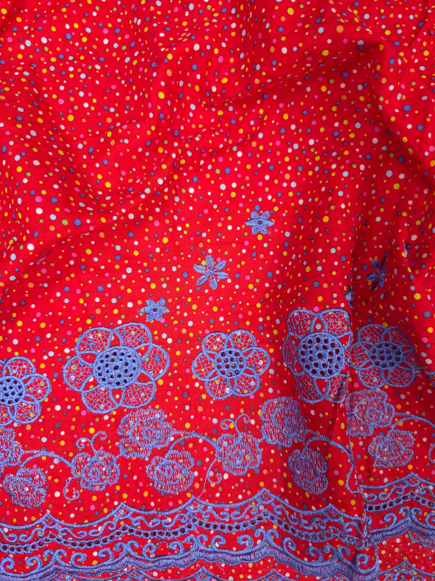 Designer Red Cotton Poplin Polka Dot Fabric with Lavender Blue Embroidered Designer border Schiffli