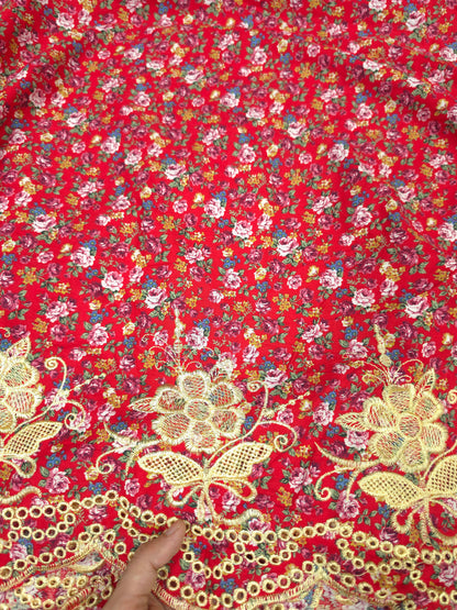 Designer Red Cotton Poplin Floral Print with Embroidered Designer Border Schiffli