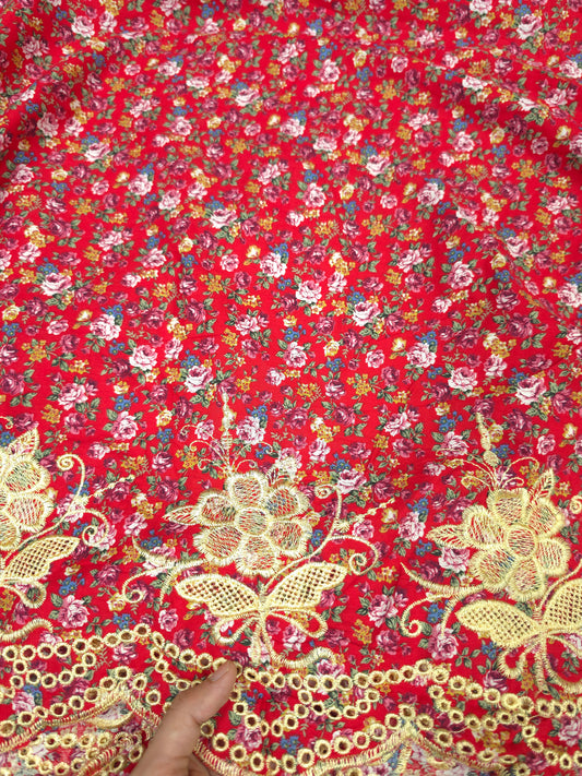 Designer Red Cotton Poplin Floral Print with Embroidered Designer Border Schiffli