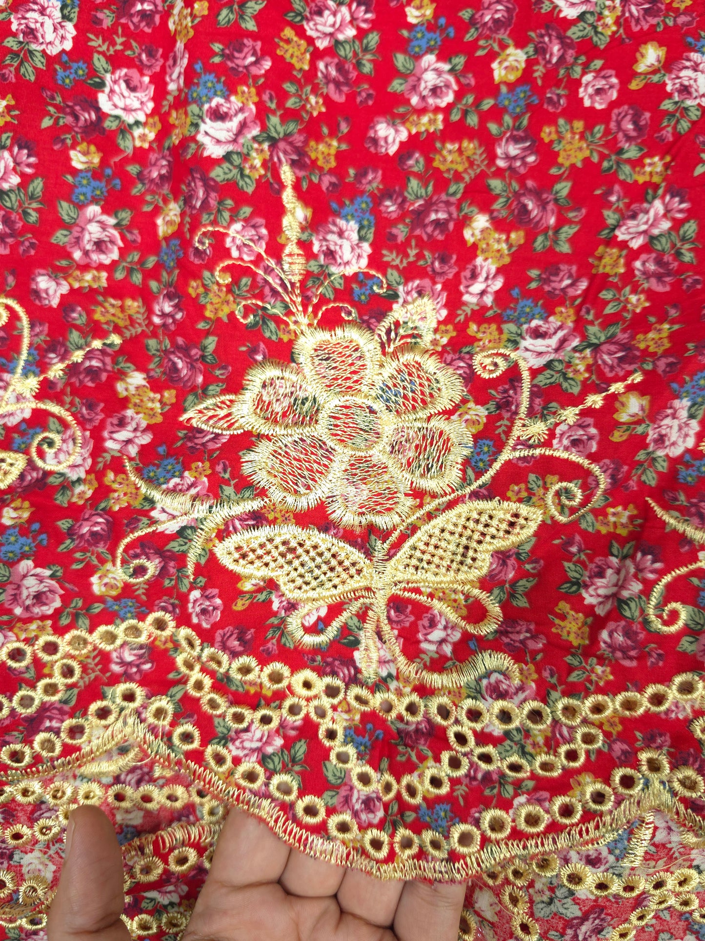 Designer Red Cotton Poplin Floral Print with Embroidered Designer Border Schiffli