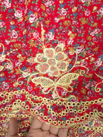 Designer Red Cotton Poplin Floral Print with Embroidered Designer Border Schiffli