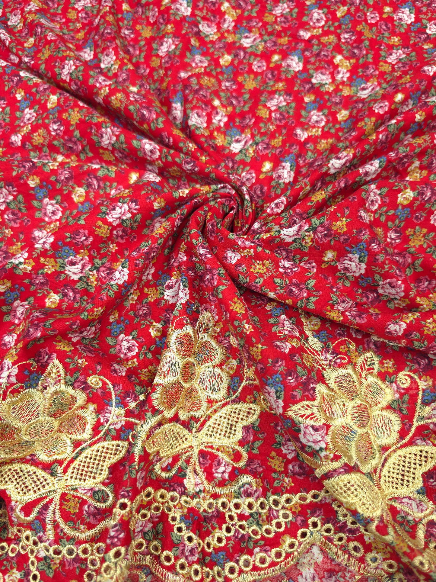 Designer Red Cotton Poplin Floral Print with Embroidered Designer Border Schiffli