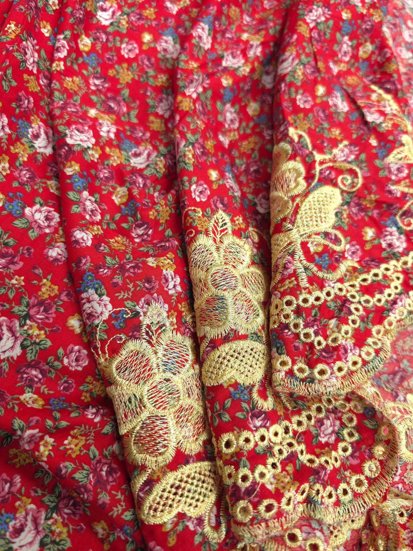 Designer Red Cotton Poplin Floral Print with Embroidered Designer Border Schiffli