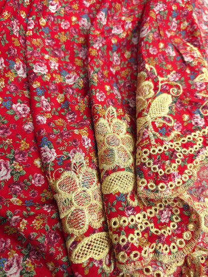Designer Red Cotton Poplin Floral Print with Embroidered Designer Border Schiffli