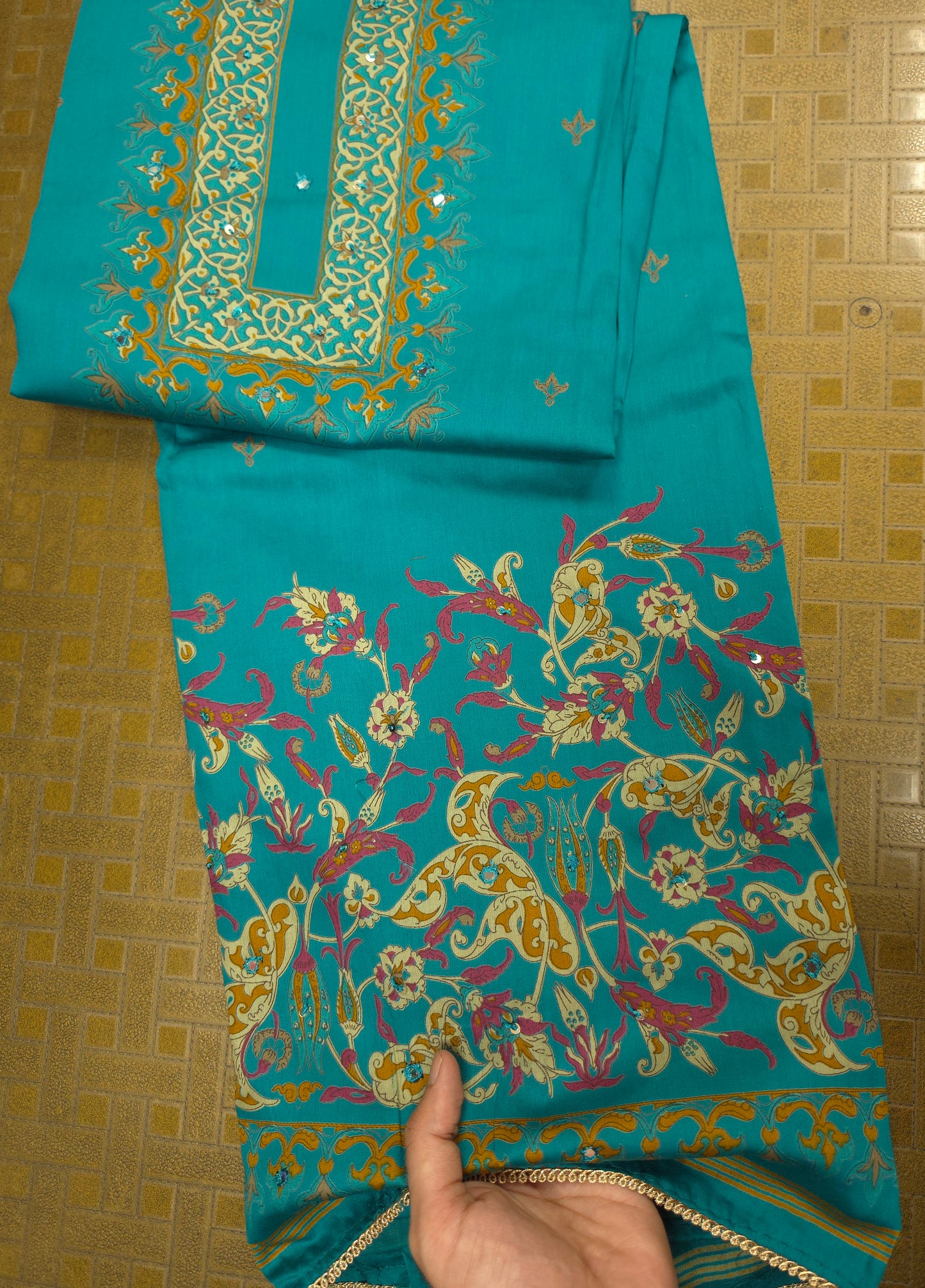 Turquoise Blue Cotton Suit Set with Pure Chiffon Dupatta