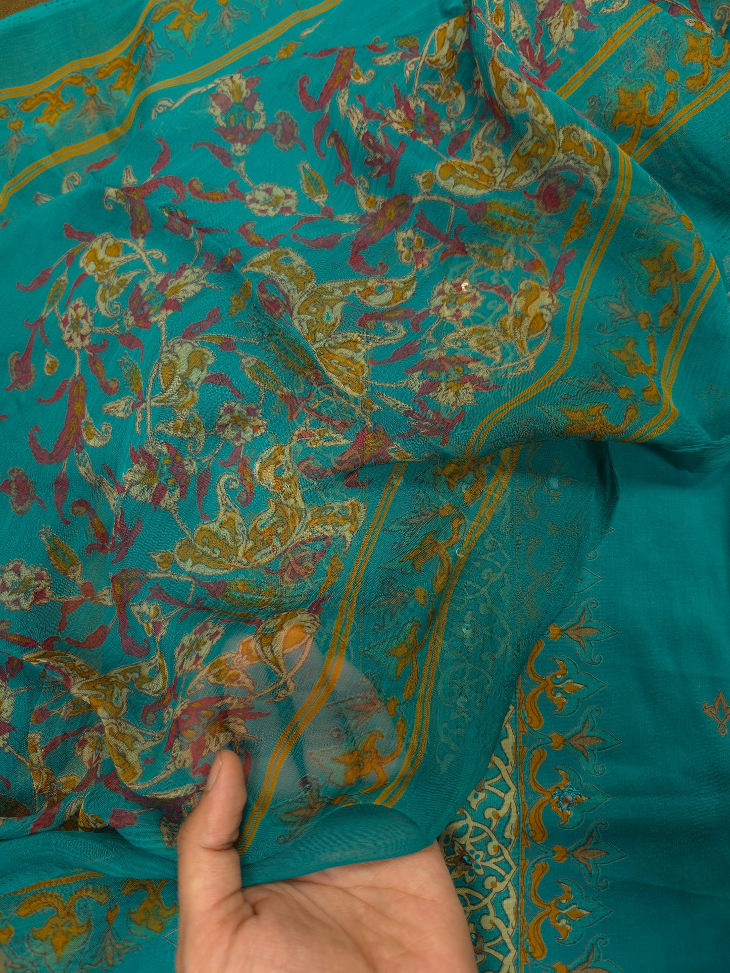 Turquoise Blue Cotton Suit Set with Pure Chiffon Dupatta