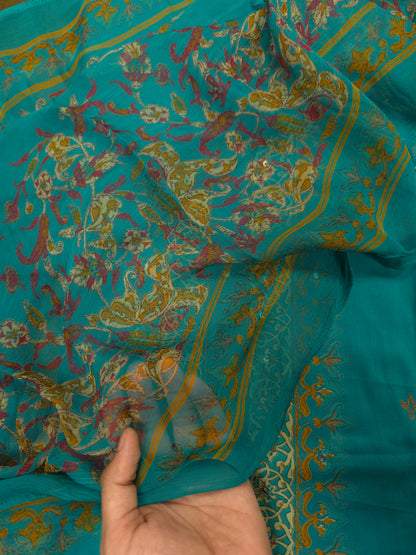 Turquoise Blue Cotton Suit Set with Pure Chiffon Dupatta
