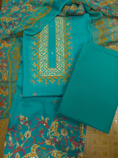 Turquoise Blue Cotton Suit Set with Pure Chiffon Dupatta