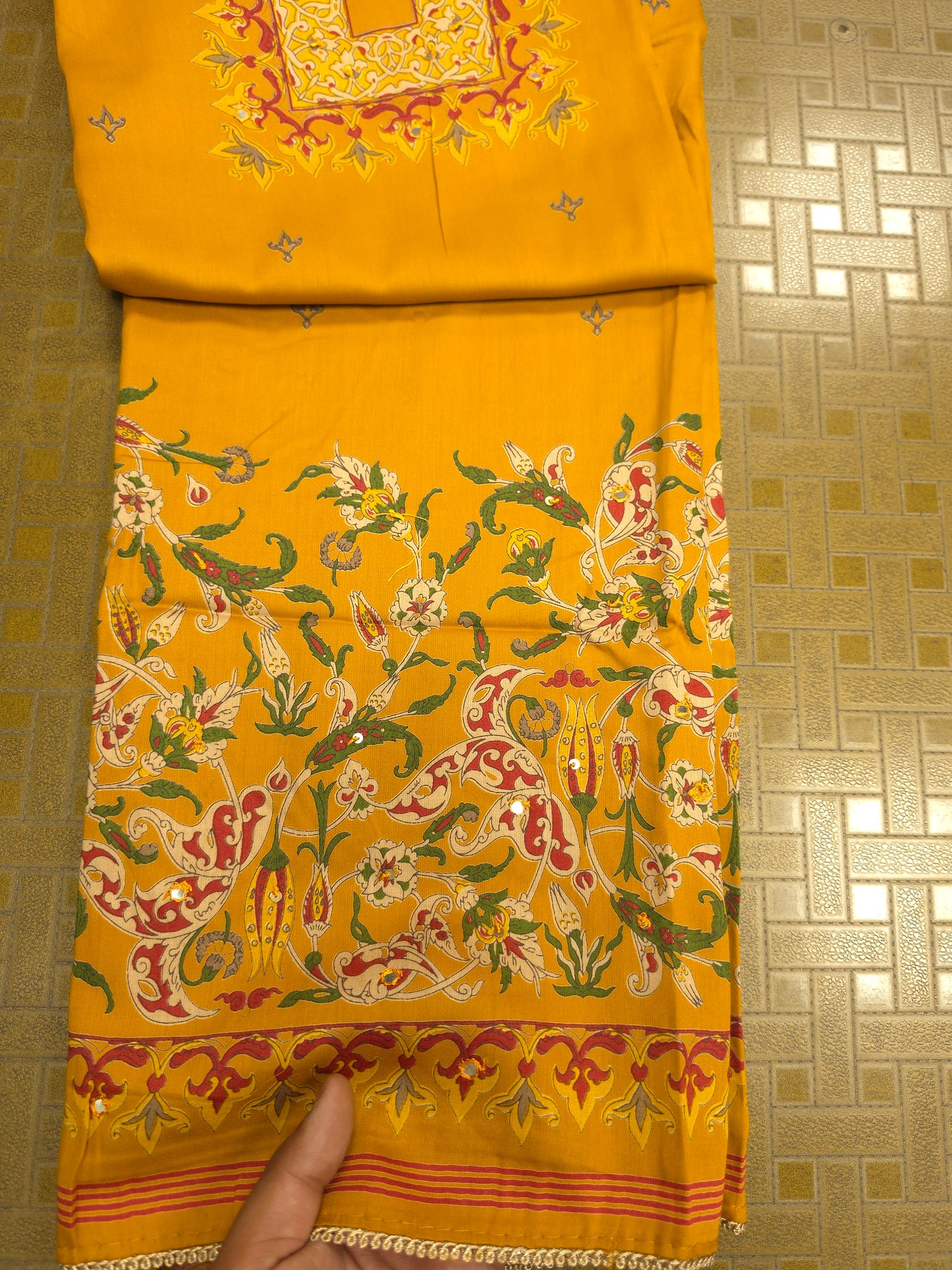 Mustard Yellow Cotton Suit Set with Pure Chiffon Dupatta