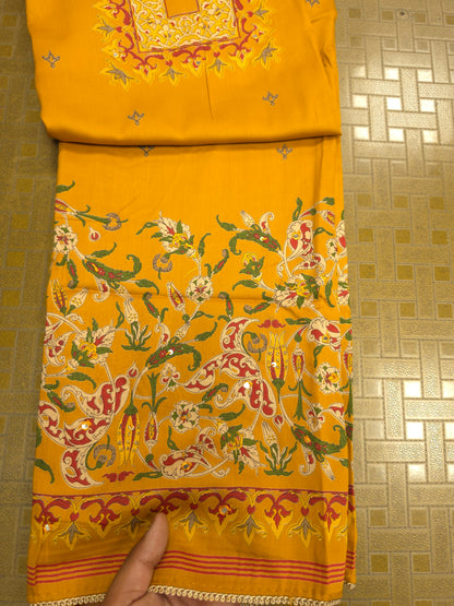 Mustard Yellow Cotton Suit Set with Pure Chiffon Dupatta