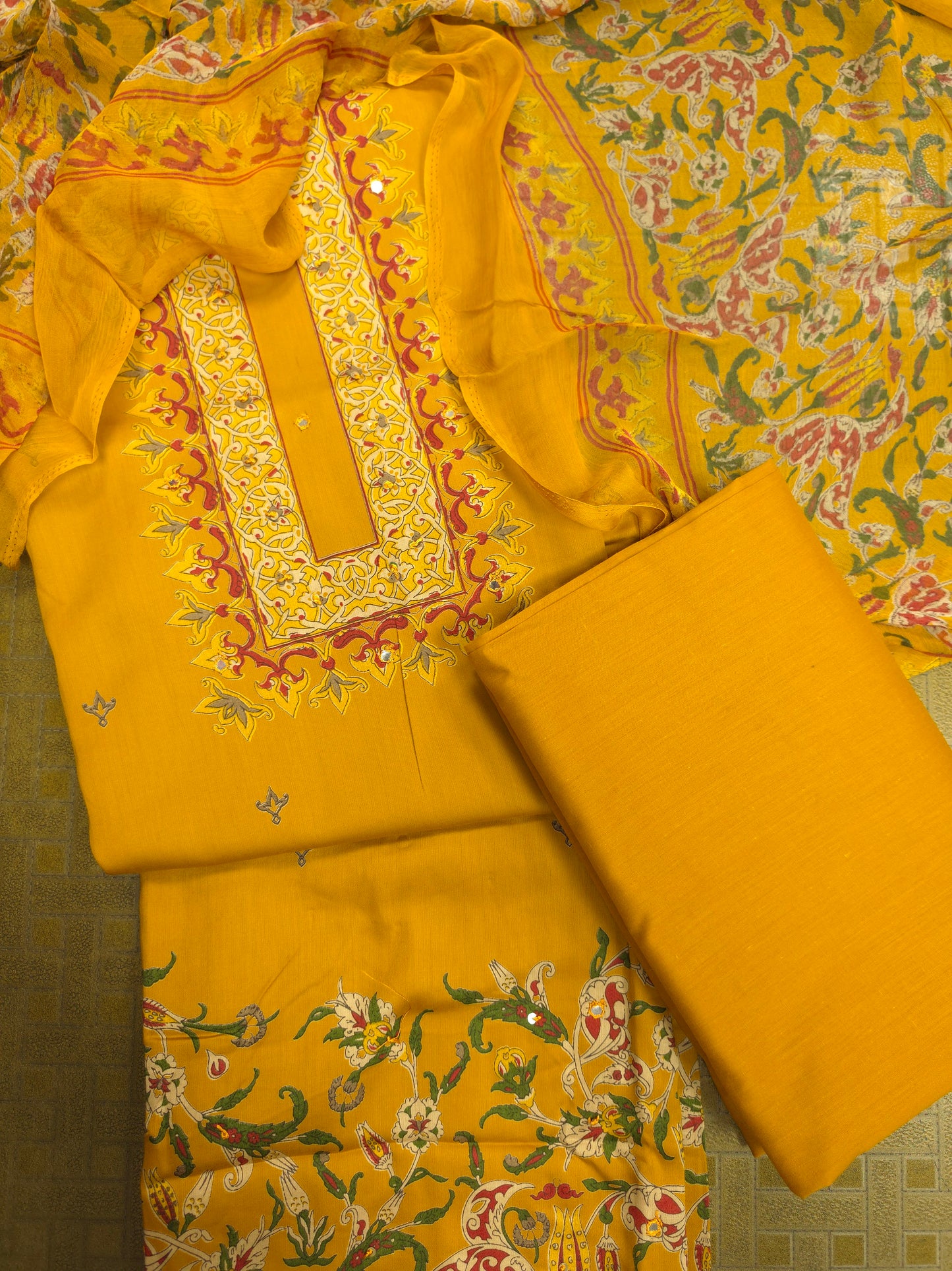 Mustard Yellow Cotton Suit Set with Pure Chiffon Dupatta
