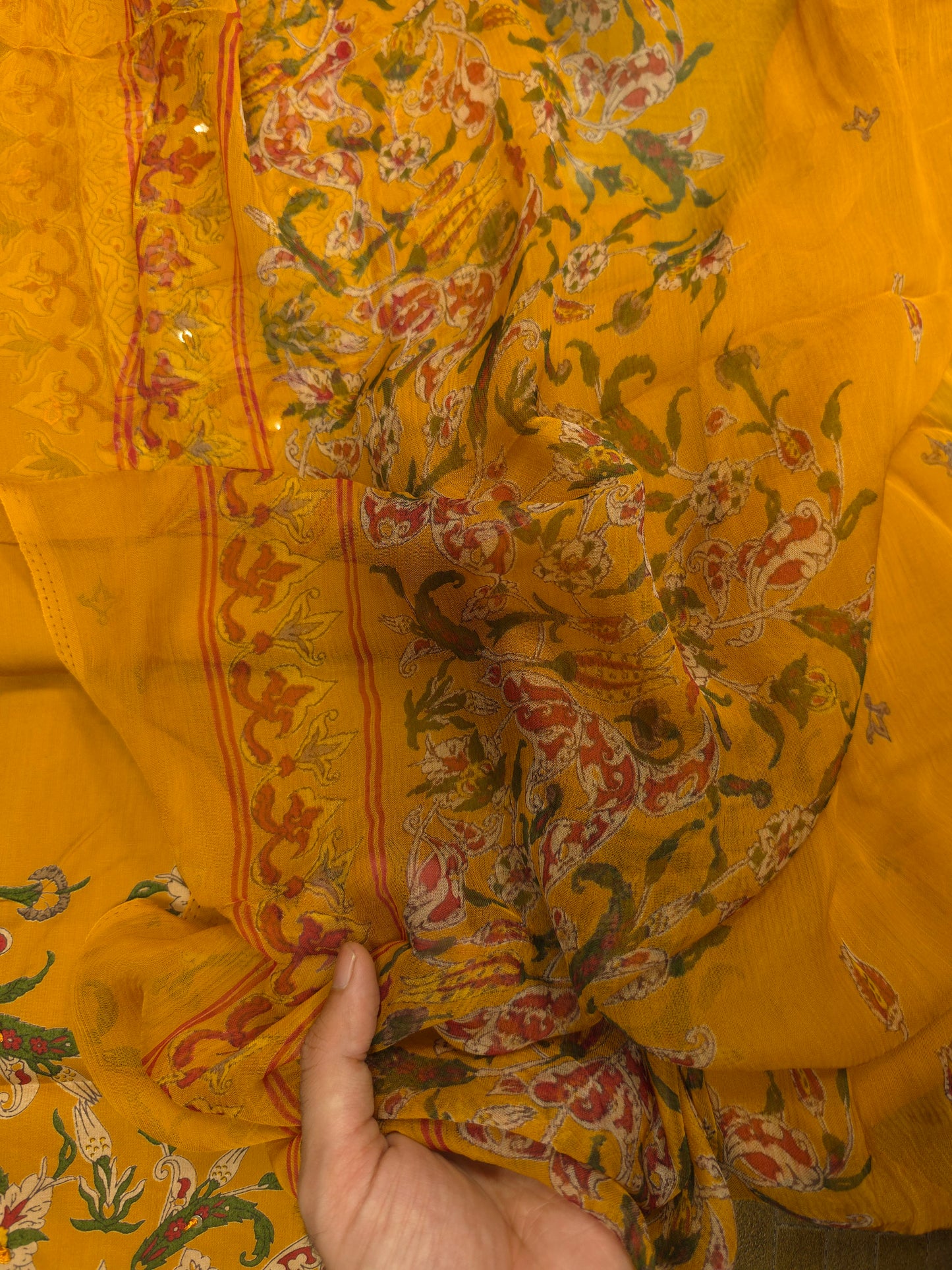 Mustard Yellow Cotton Suit Set with Pure Chiffon Dupatta