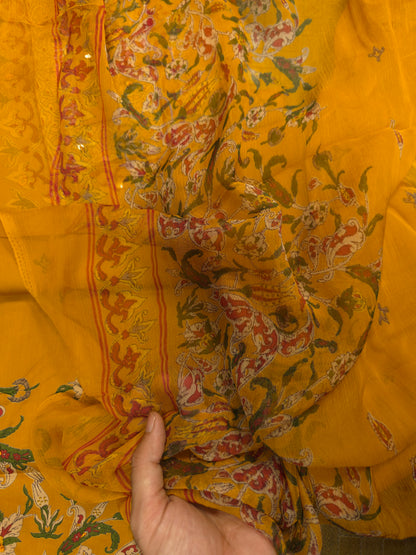 Mustard Yellow Cotton Suit Set with Pure Chiffon Dupatta
