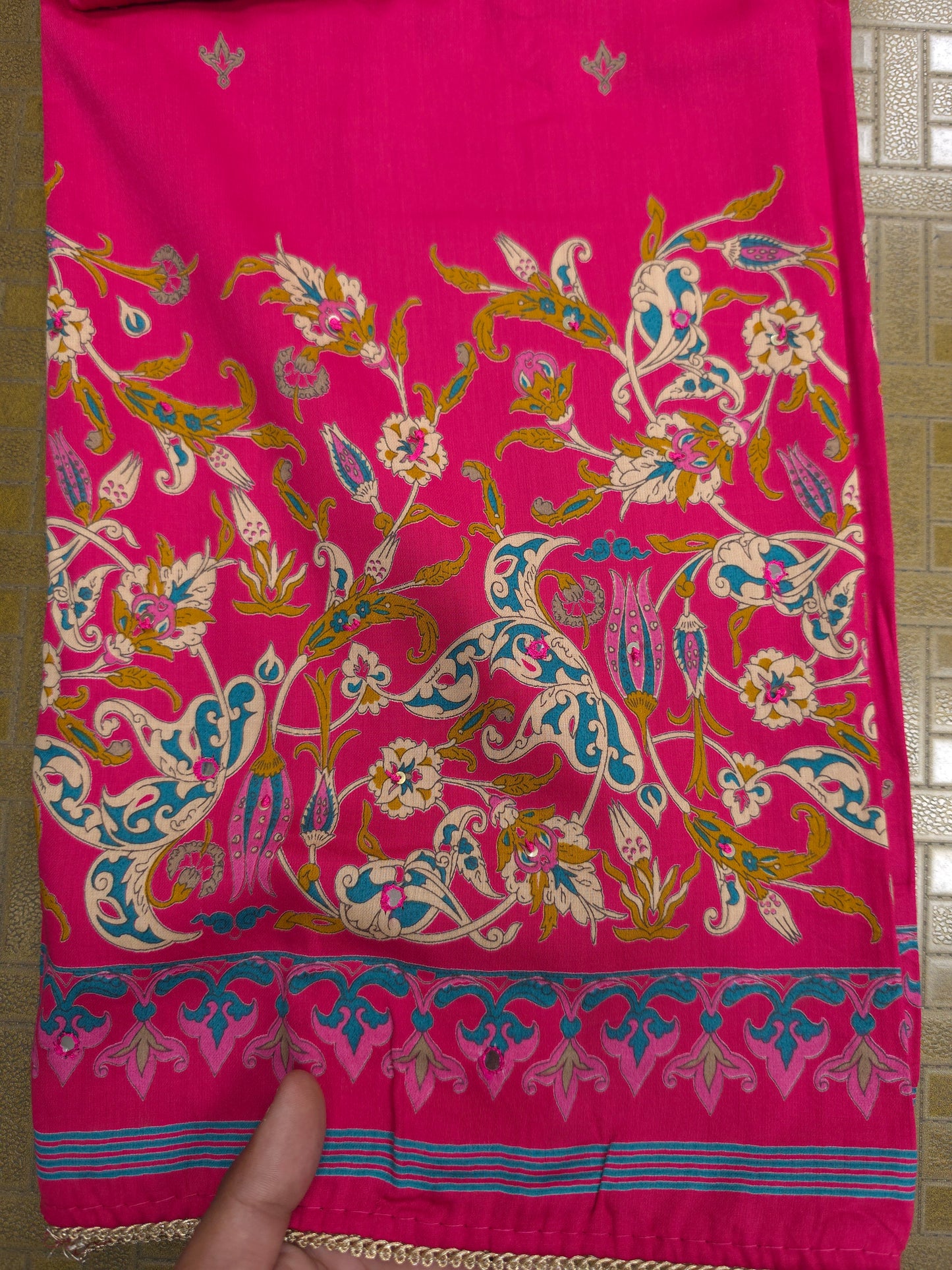 Rani Pink Cotton Suit Set with Pure Chiffon Dupatta