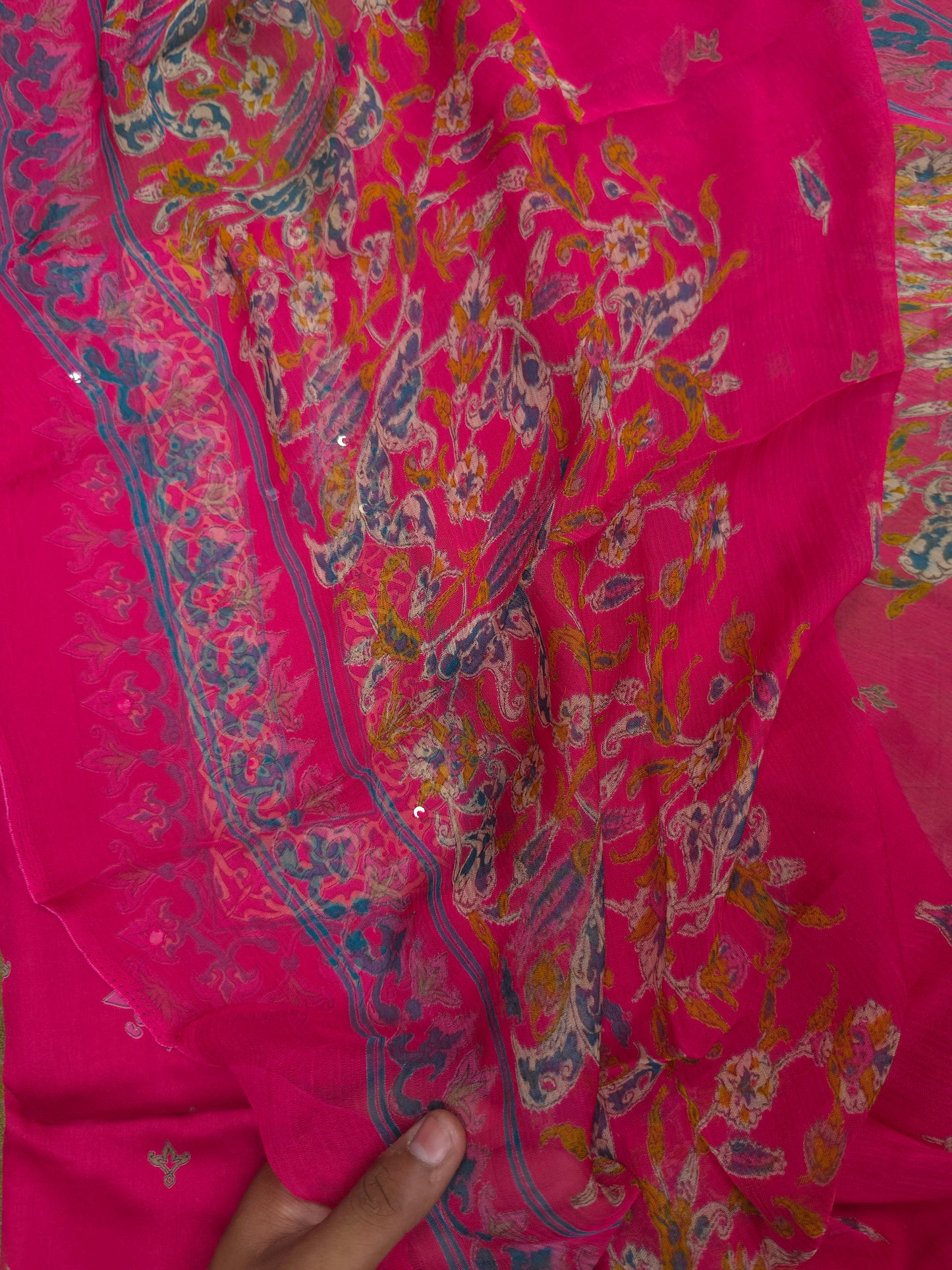 Rani Pink Cotton Suit Set with Pure Chiffon Dupatta