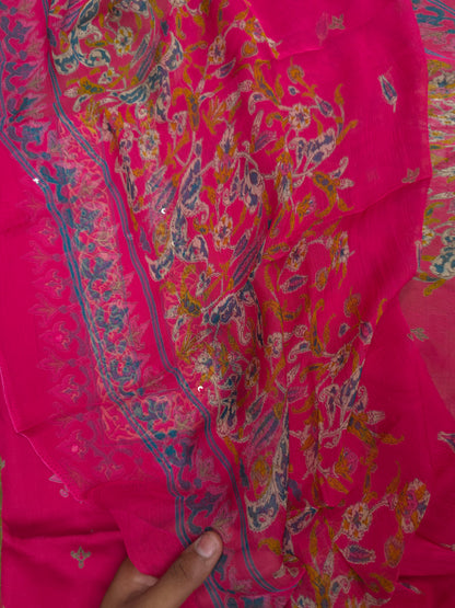 Rani Pink Cotton Suit Set with Pure Chiffon Dupatta