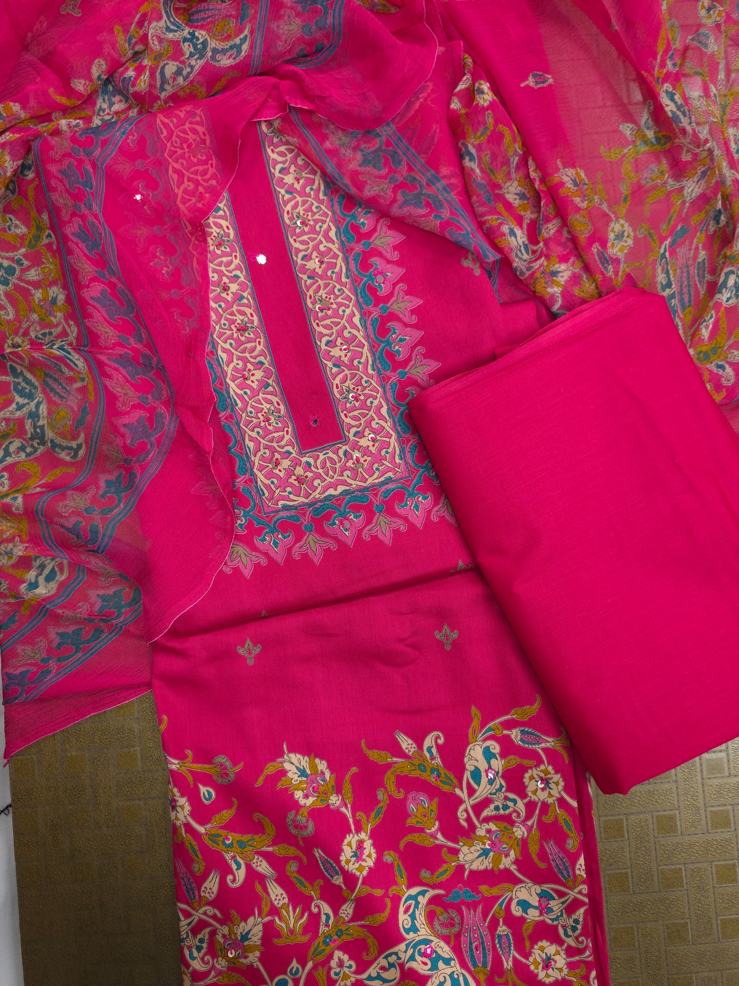 Rani Pink Cotton Suit Set with Pure Chiffon Dupatta