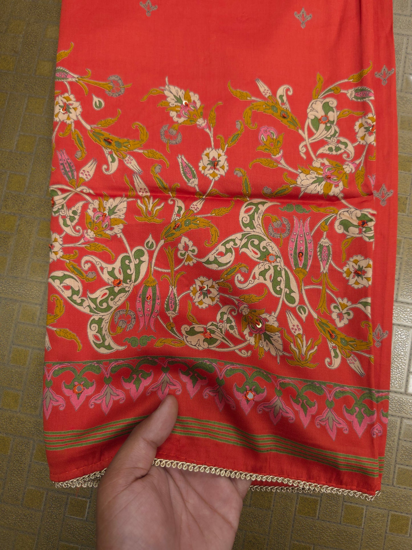 Coral Orange Cotton Suit Set with Pure Chiffon Dupatta