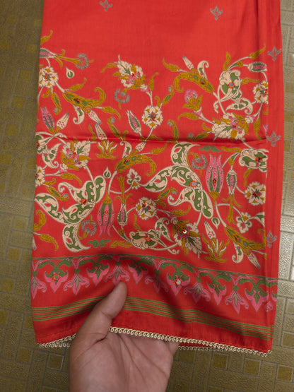 Coral Orange Cotton Suit Set with Pure Chiffon Dupatta