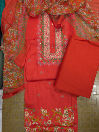Coral Orange Cotton Suit Set with Pure Chiffon Dupatta