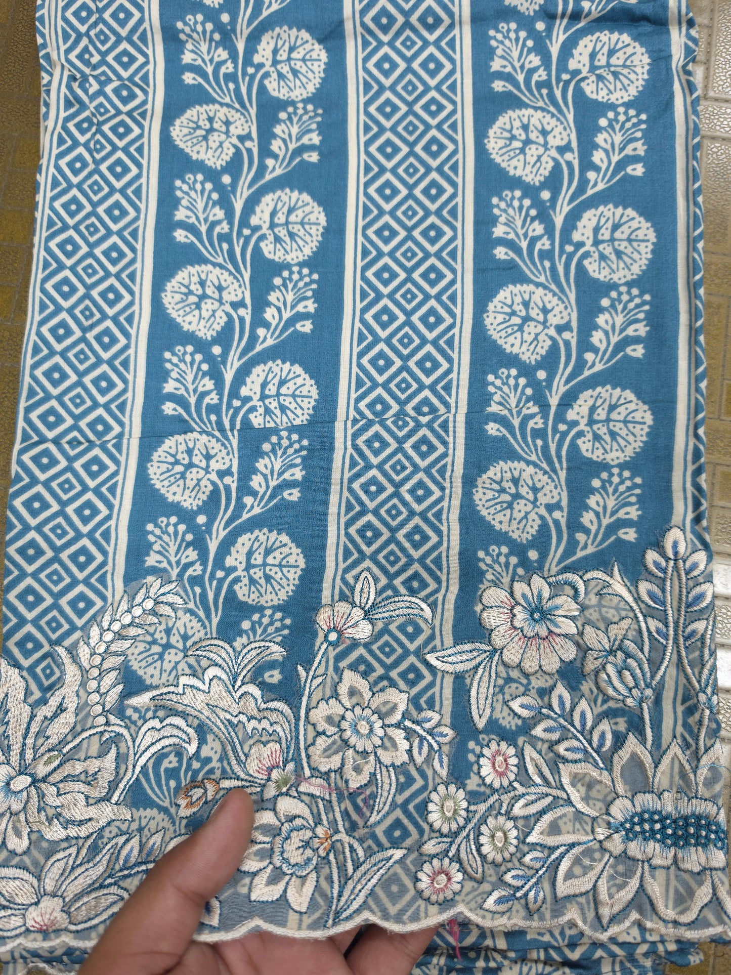 Dusty Blue Cotton Suit Set with Pure Chiffon Dupatta