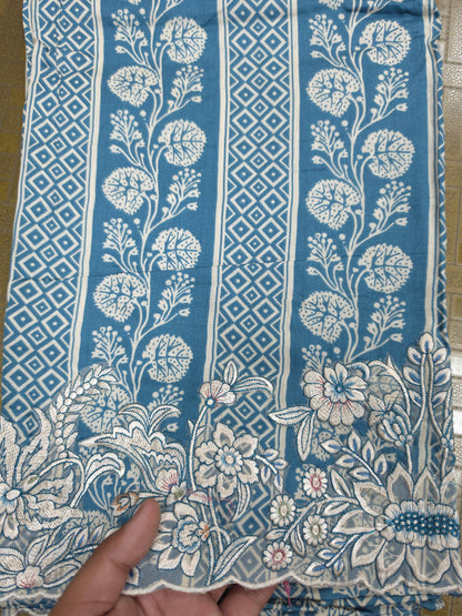 Dusty Blue Cotton Suit Set with Pure Chiffon Dupatta