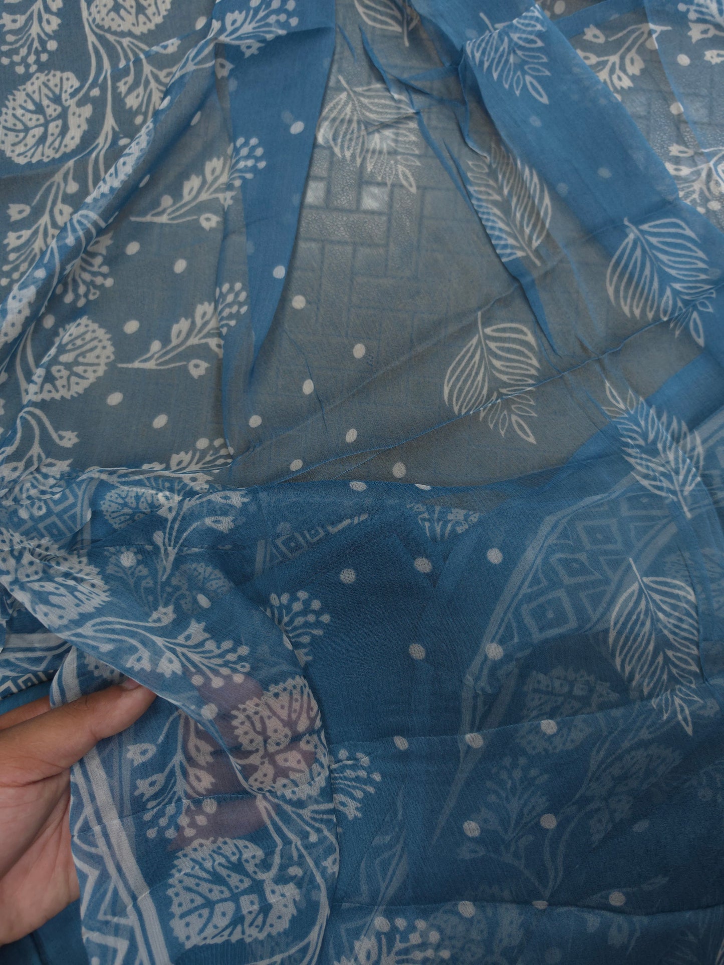 Dusty Blue Cotton Suit Set with Pure Chiffon Dupatta