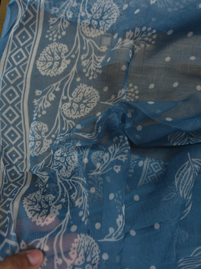Dusty Blue Cotton Suit Set with Pure Chiffon Dupatta