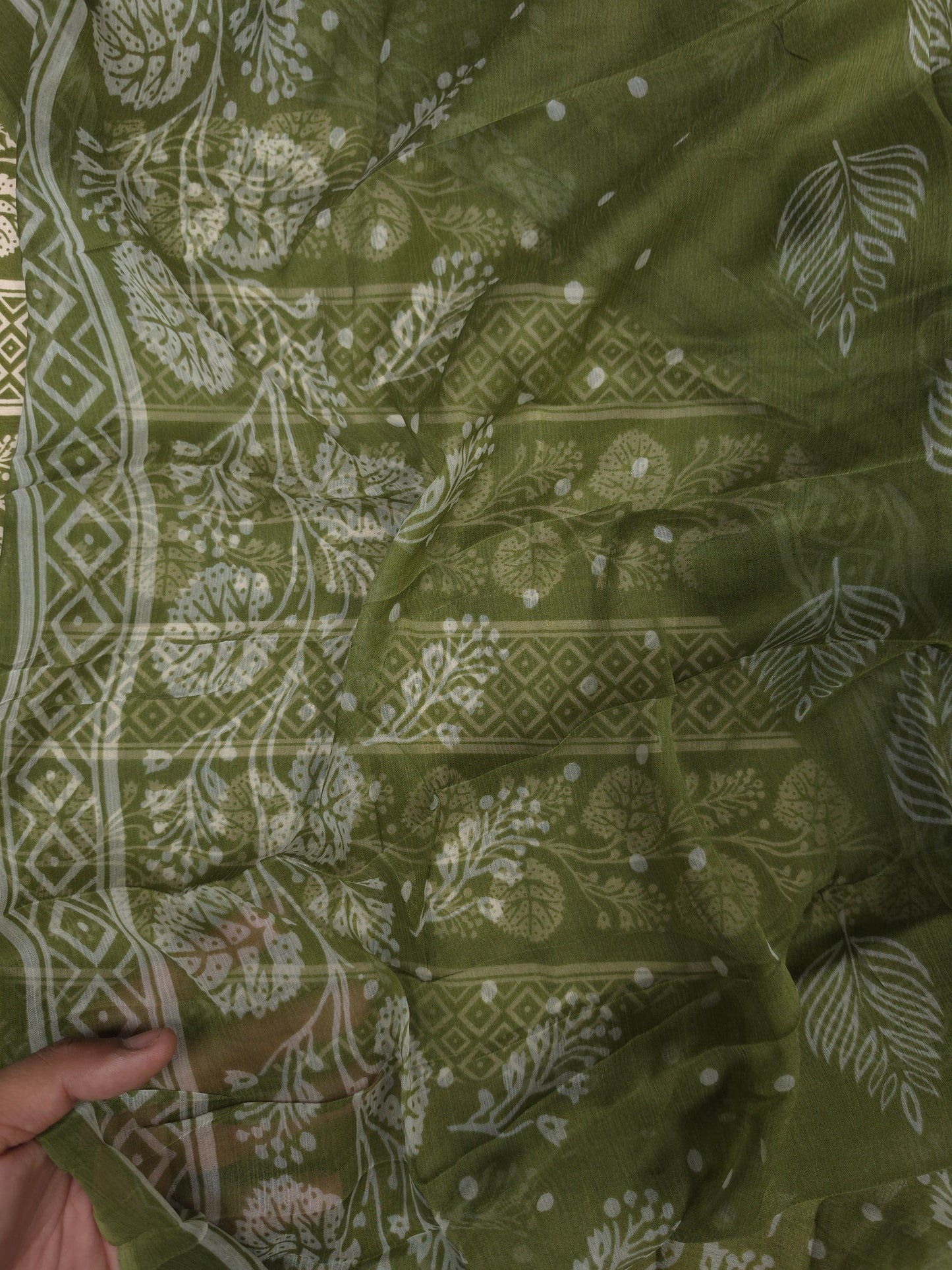 Olive Green Cotton Suit Set with Pure Chiffon Dupatta