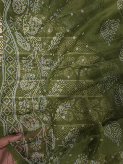 Olive Green Cotton Suit Set with Pure Chiffon Dupatta