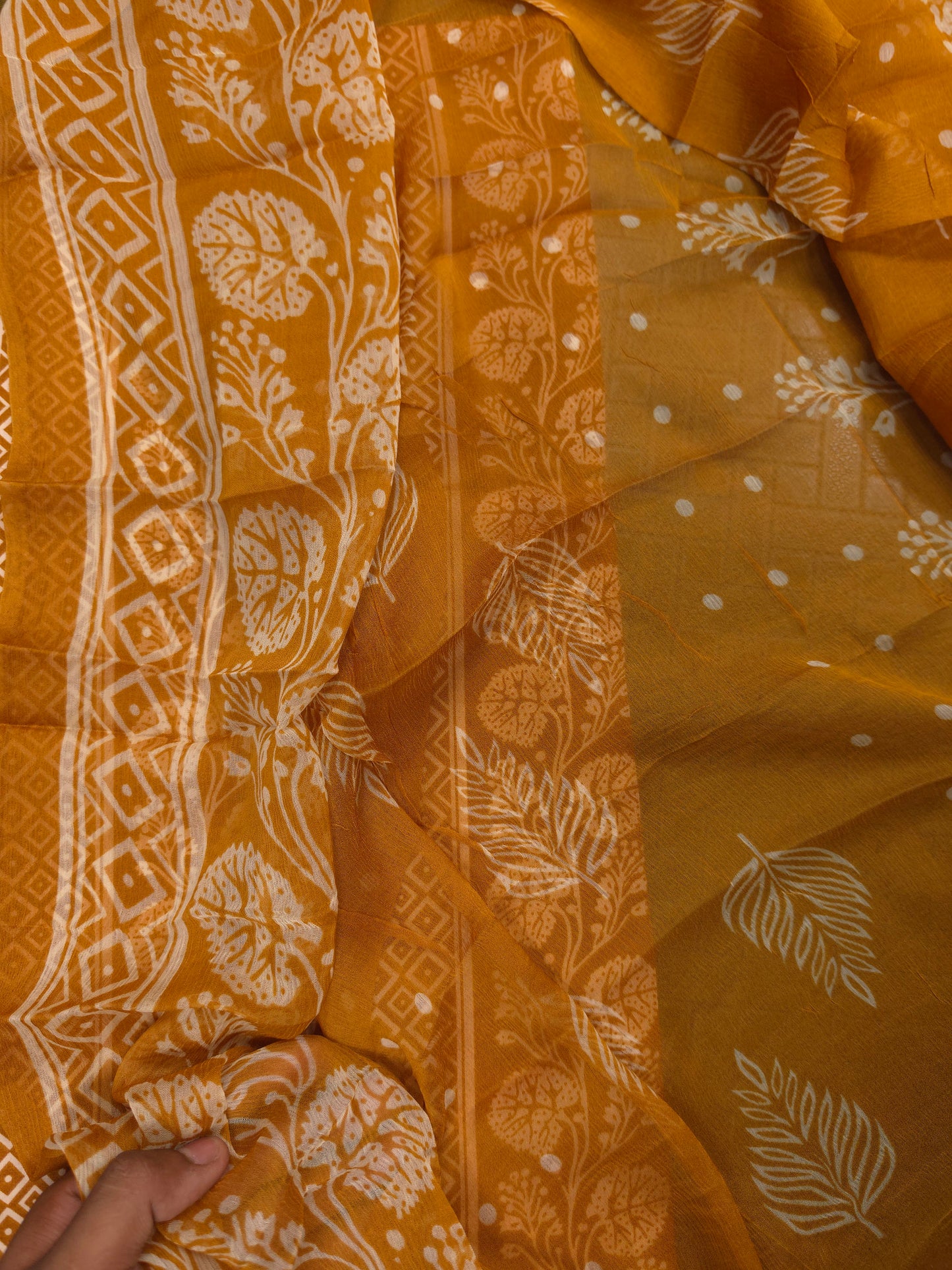 Mustard Yellow Cotton Suit Set with Pure Chiffon Dupatta