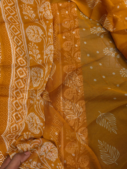 Mustard Yellow Cotton Suit Set with Pure Chiffon Dupatta