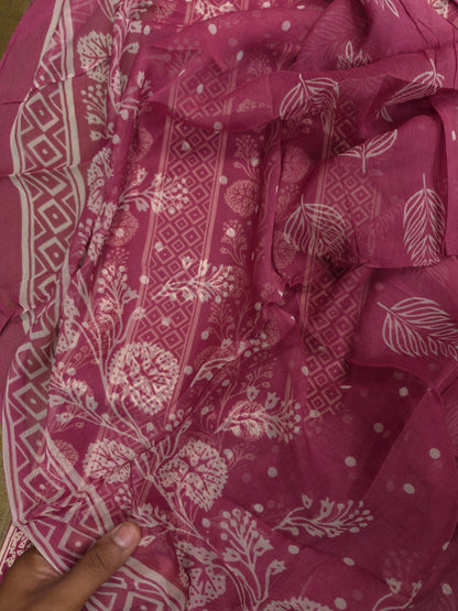 Rose Pink Cotton Suit Set with Pure Chiffon Dupatta