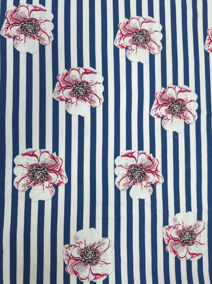 Premium Navy Blue Stripe Linen Fabric with Floral Print