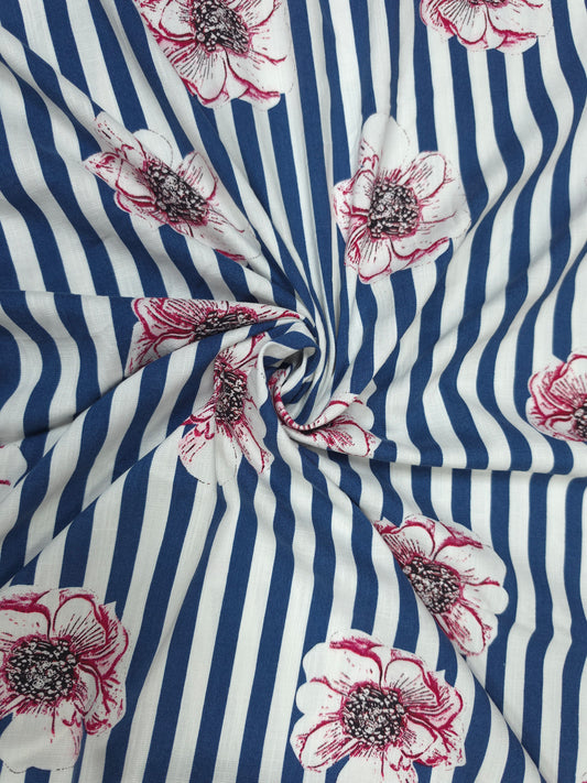 Premium Navy Blue Stripe Linen Fabric with Floral Print