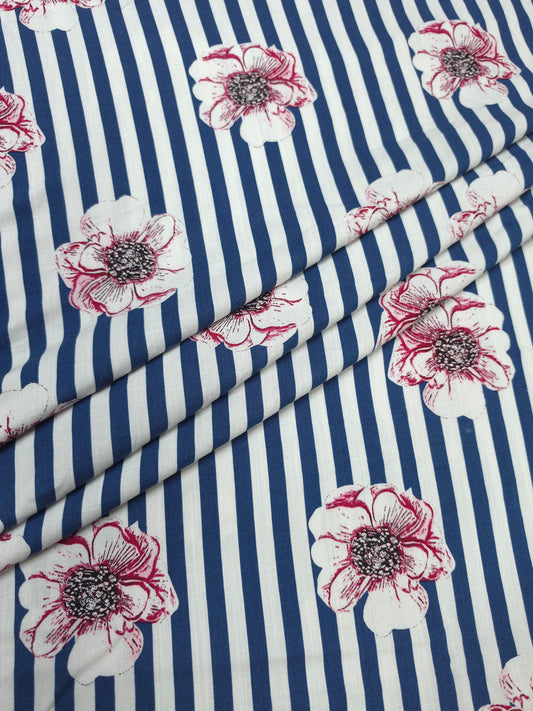 Premium Navy Blue Stripe Linen Fabric with Floral Print