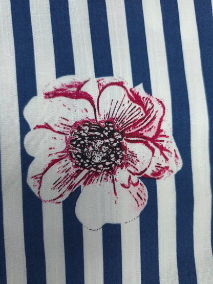 Premium Navy Blue Stripe Linen Fabric with Floral Print