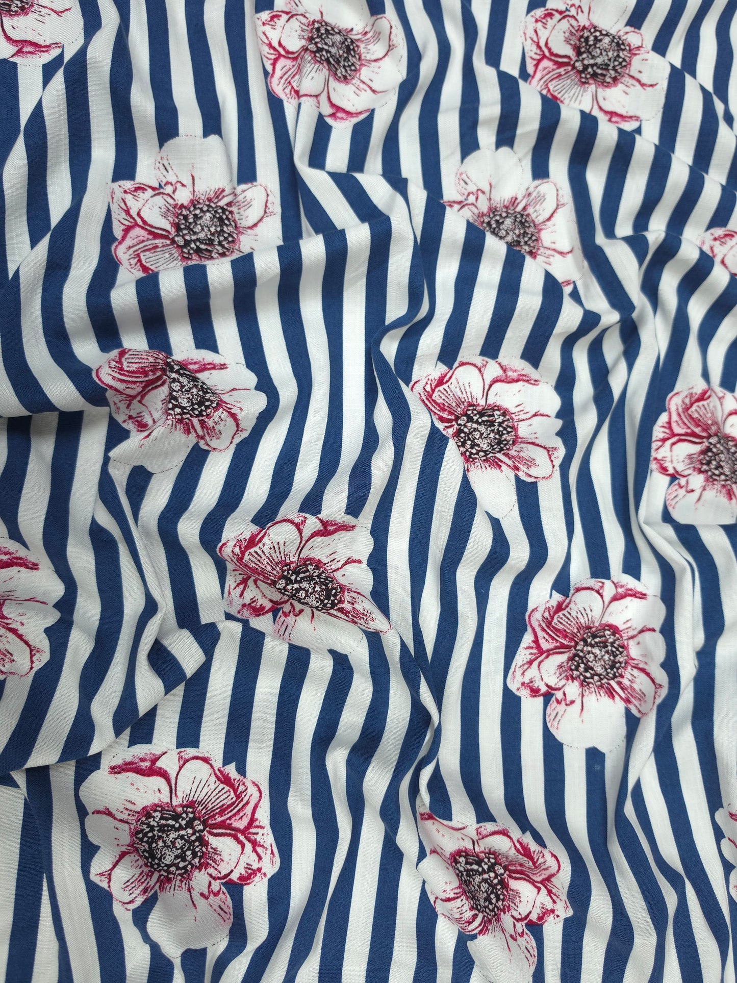 Premium Navy Blue Stripe Linen Fabric with Floral Print
