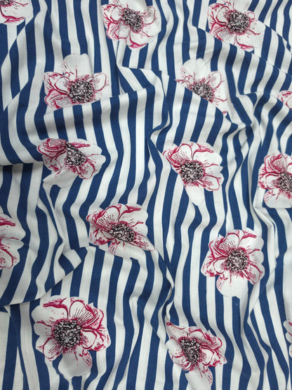 Premium Navy Blue Stripe Linen Fabric with Floral Print